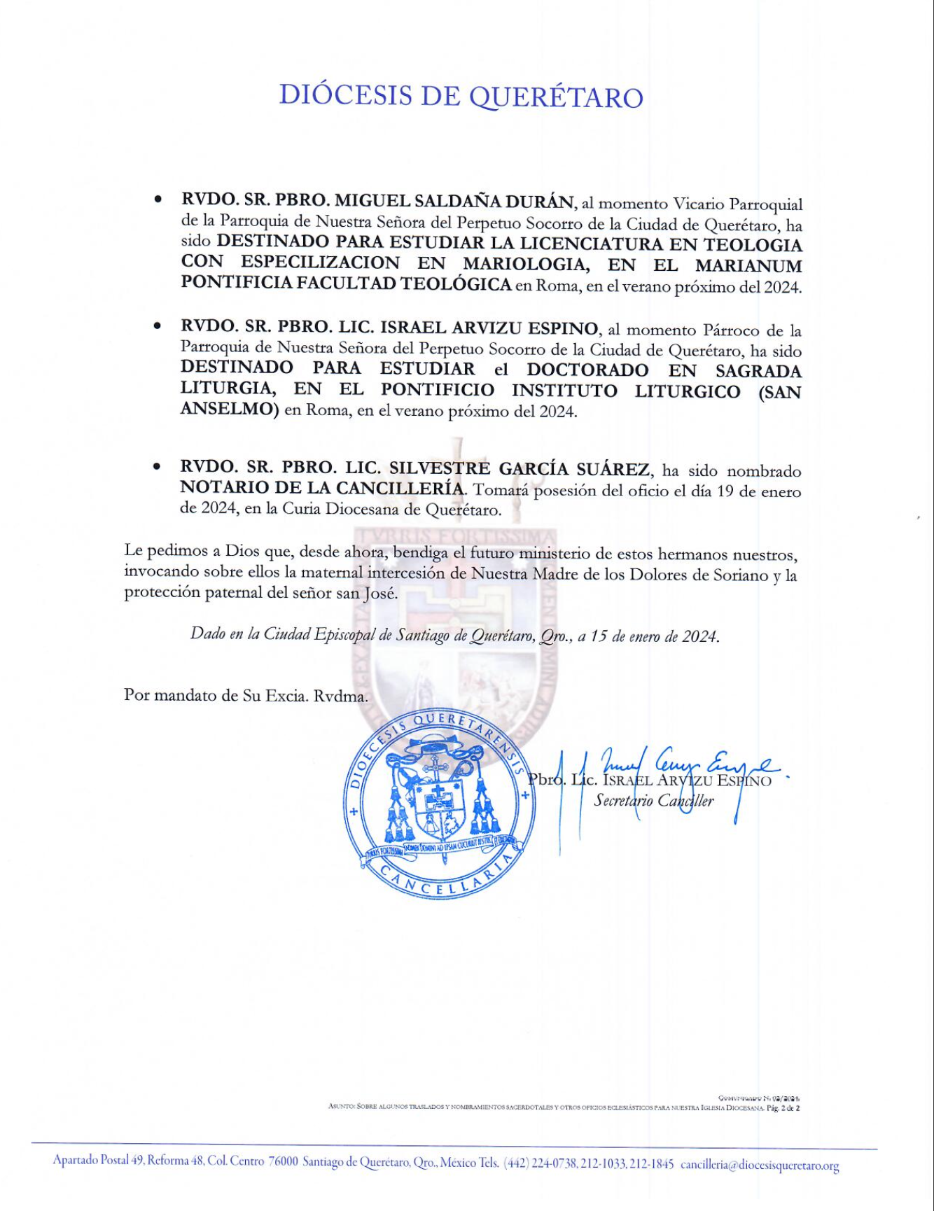 COMUNICADO N. 02/2024. Asunto: Sobre algunos traslados y nombramientos sacerdotales y otros oficios eclesiásticos para nuestra Iglesia Diocesana. 2